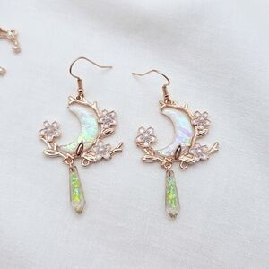Opal Crescent Moon Floral Drop Earrings - Iridescent White